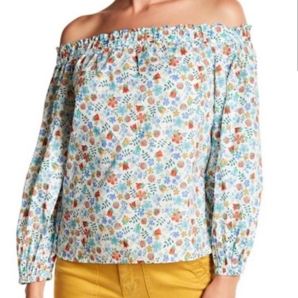 EUC J. Crew Liberty Multicolor Off-Shoulder Smocked Long Sleeve Blouse, Size 6